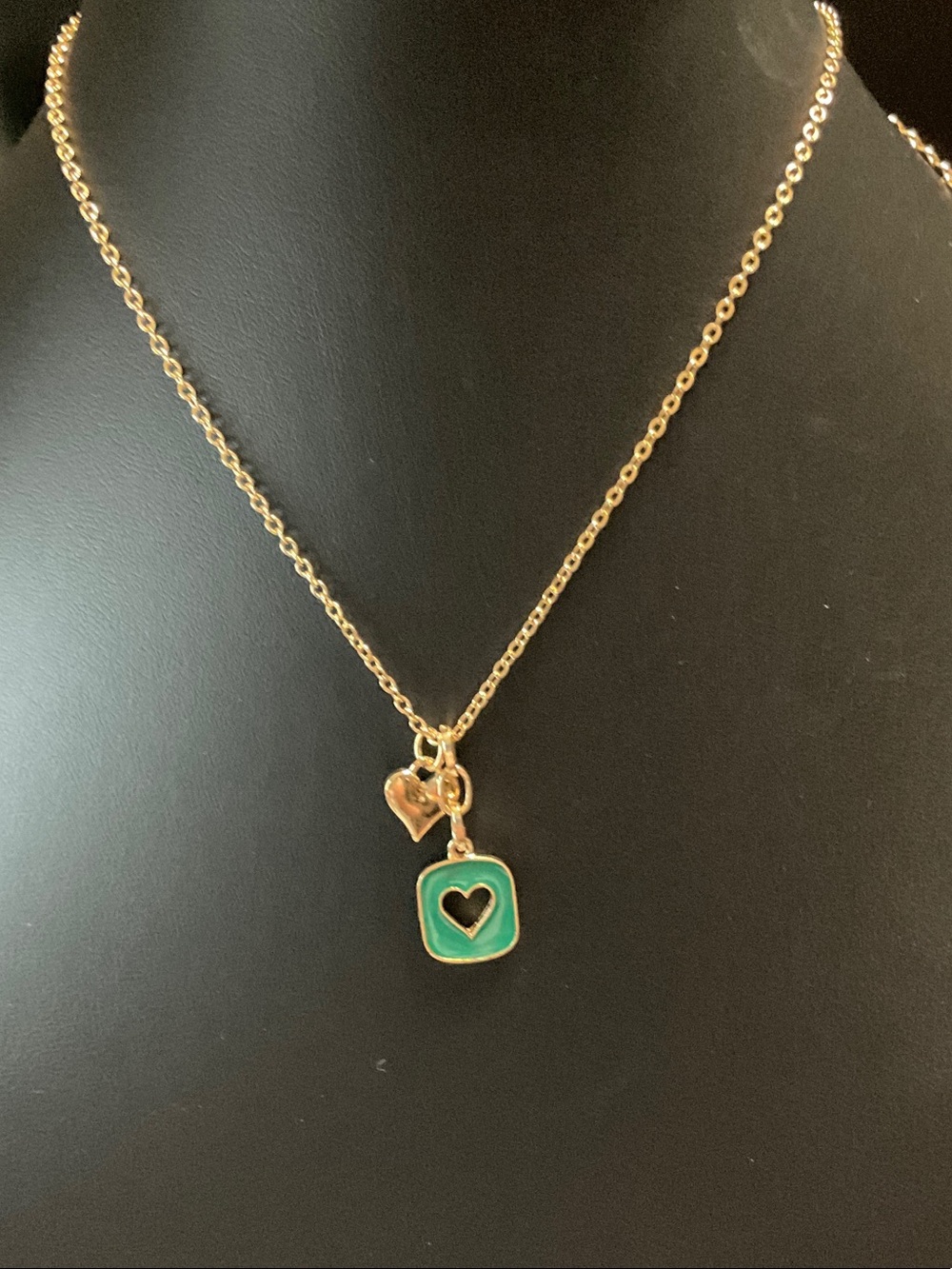 Gold Chain Necklace with Green Enamel Heart Charm
